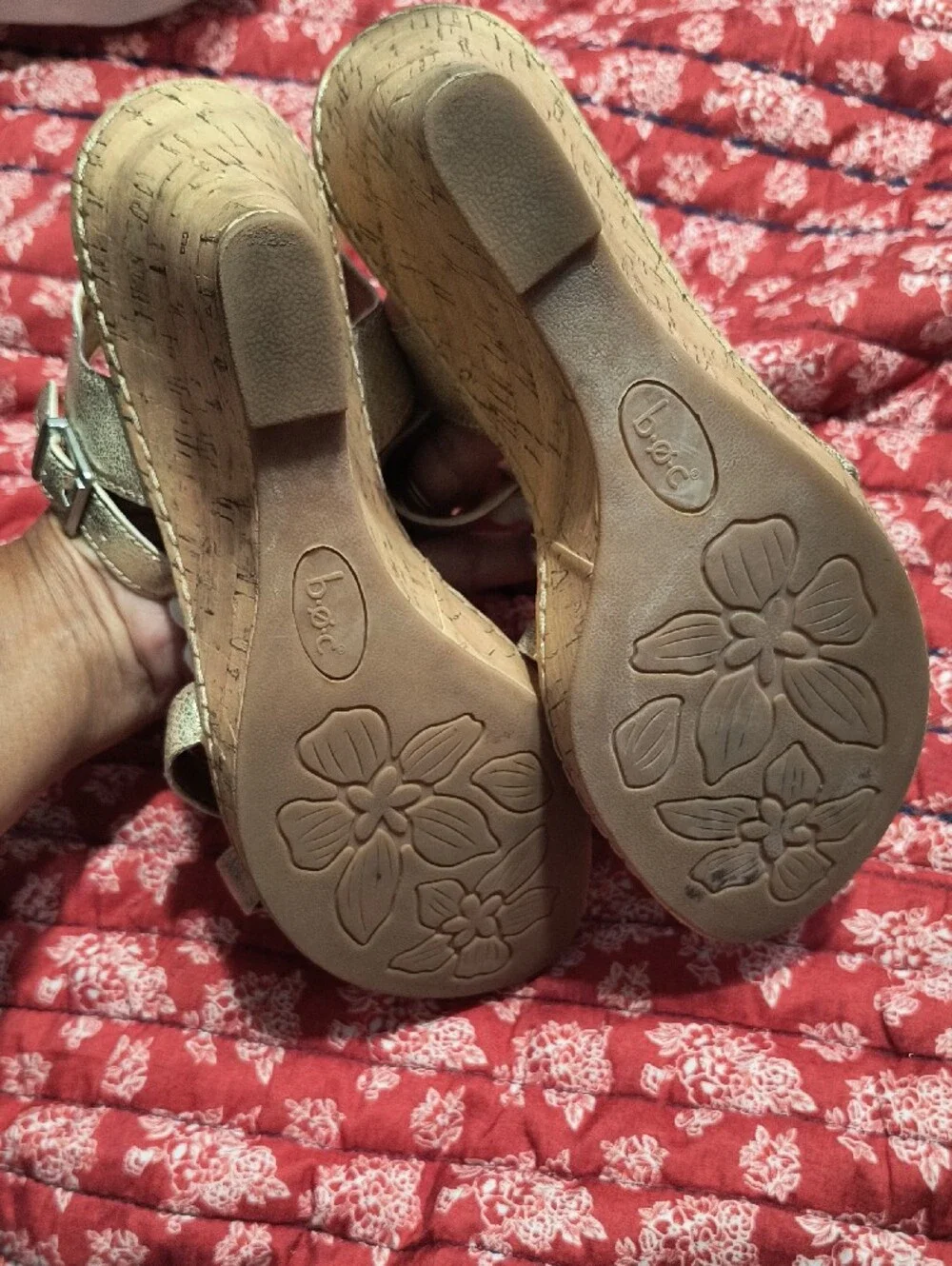 b.o.c. Metallic Gold Floral Cork Wedge Sandals